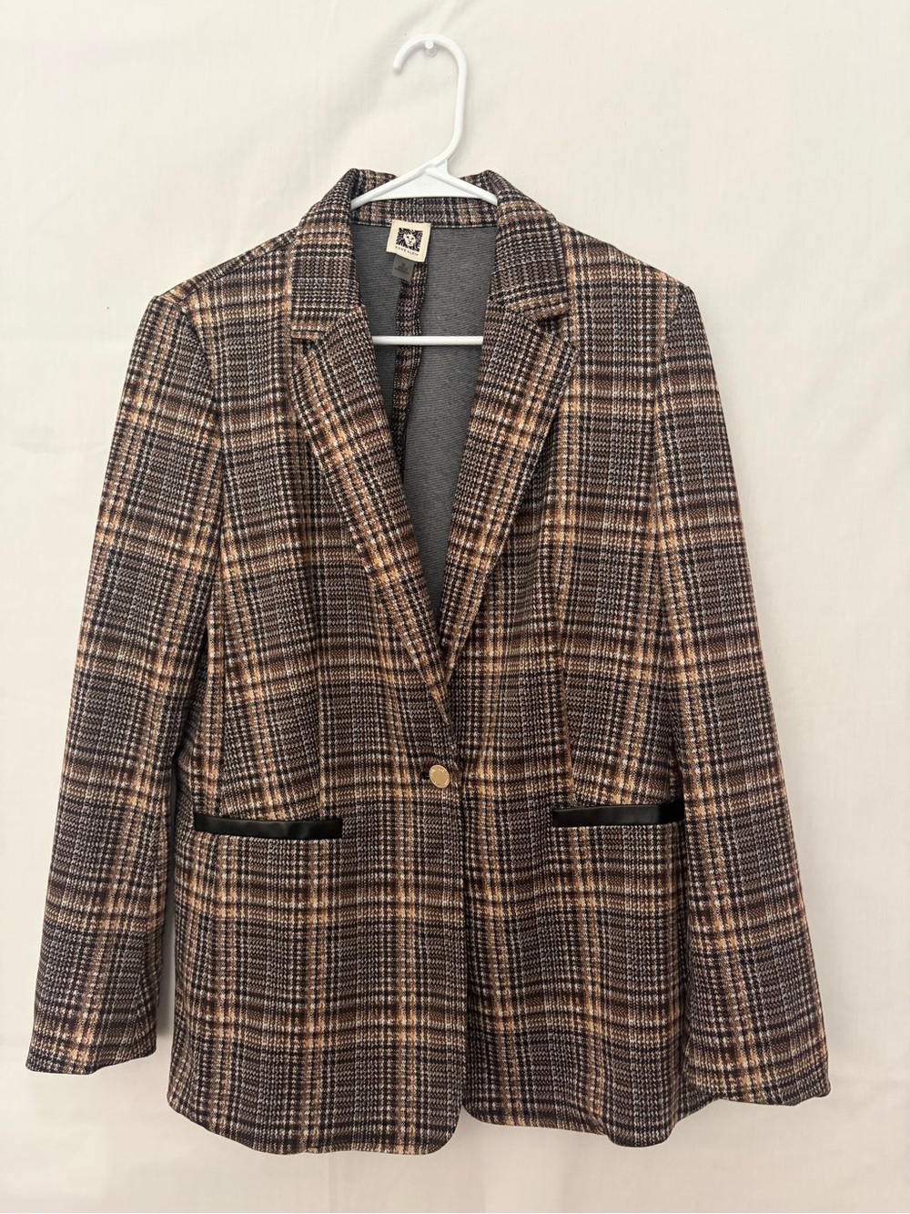 Anne Klein Women Plaid Single Button Knit Blazer Faux Leather Trim Size M(A899)
